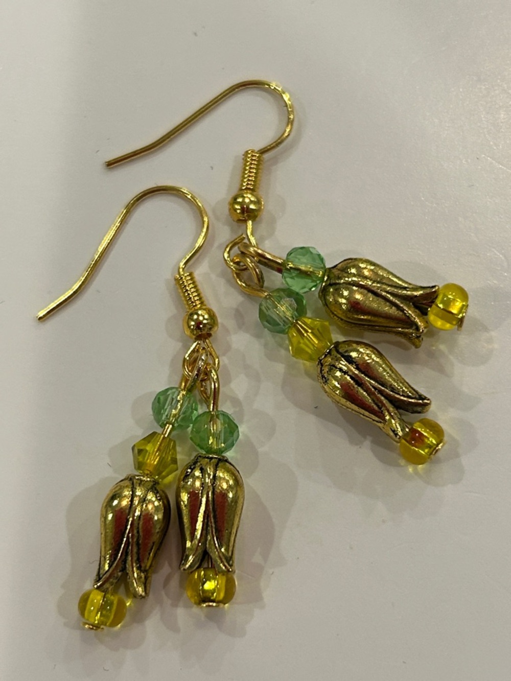 Dainty Green & Yellow Double Tulip Drop Earrings-NWT